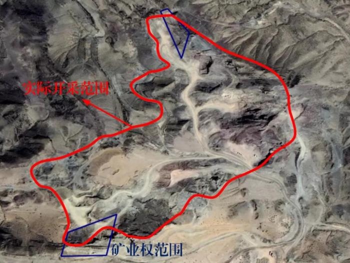 2021年5月的衛(wèi)星遙感影像顯示，白土崗子石料廠礦業(yè)權(quán)面積僅16.65畝，越界開采達(dá)207畝，超出12.4倍