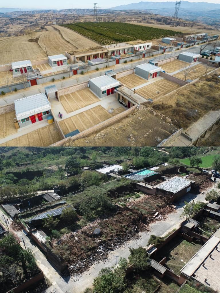 拼版照片，上圖是2022年1月山西省霍州市師莊鄉(xiāng)馮南垣村災后恢復重建后的場景，下圖是2021年10月村莊因災受損的場景。(霍州市委宣傳部供圖)