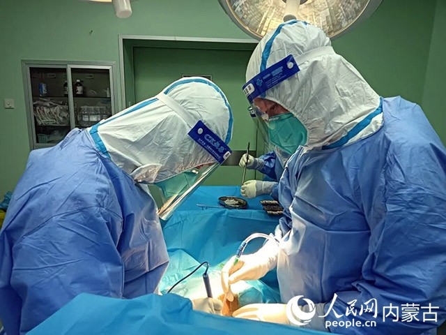 醫(yī)護(hù)人員正在為新冠肺炎合并腸梗阻腸穿孔的尿毒癥患者實(shí)施急診手術(shù)。呼和浩特市第一醫(yī)院供圖