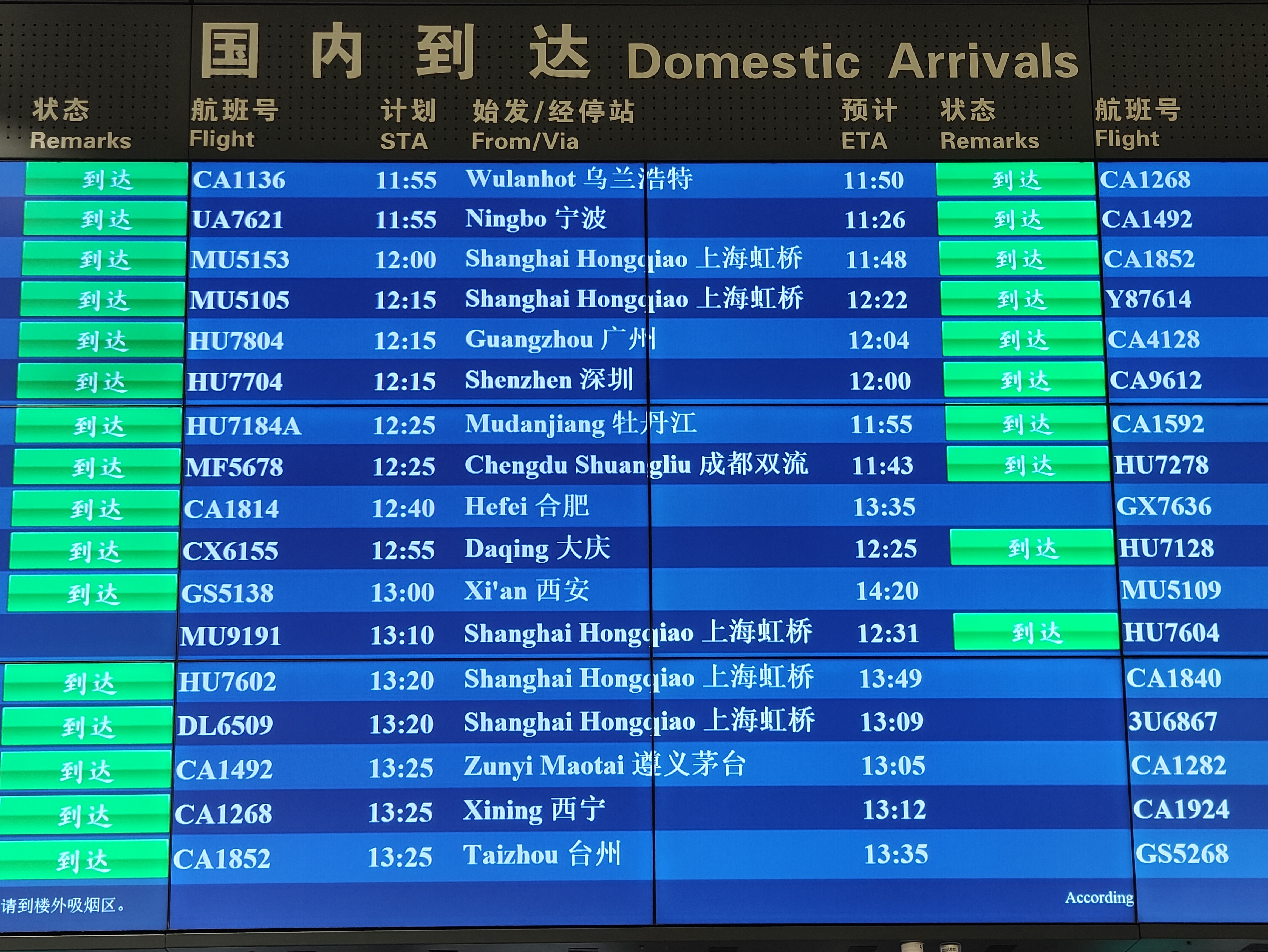 首都機場大屏顯示，MU9191航班于12:31順利到達。人民網記者 夏曉倫攝