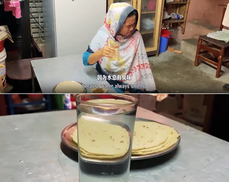 圖為紀實短片截圖：上圖為水質未改善前，飲用水發(fā)黃渾濁；下圖為水廠建成后，飲用水水質明顯改善，清澈透明。