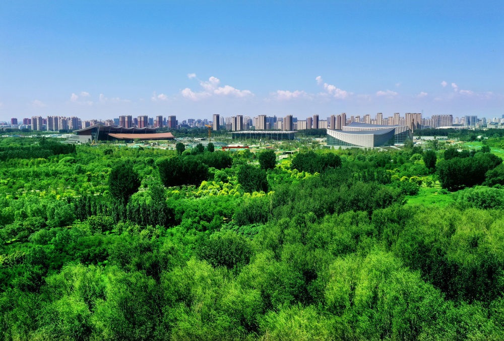 北京東方化工廠舊址建成的綠心公園草木蔥蘢。（馬文曉 攝）