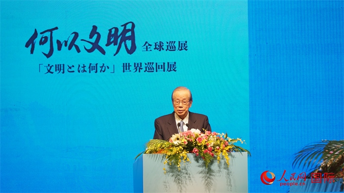 日本前首相福田康夫致辭。人民網(wǎng) 蔣曉辰攝