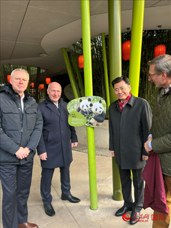 中國駐德國大使吳懇（右二）、柏林市長韋格納（左二）、動物園園長克尼里姆（右一）和監(jiān)事會主席布魯克曼（左一）共同為“夢想”“夢圓”大熊貓紀(jì)念牌揭幕。人民網(wǎng)記者 徐馨攝