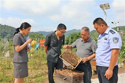  圖②：蒙山法院黃村法庭法官深入蜂蜜合作社，實(shí)地了解蜂農(nóng)需求。