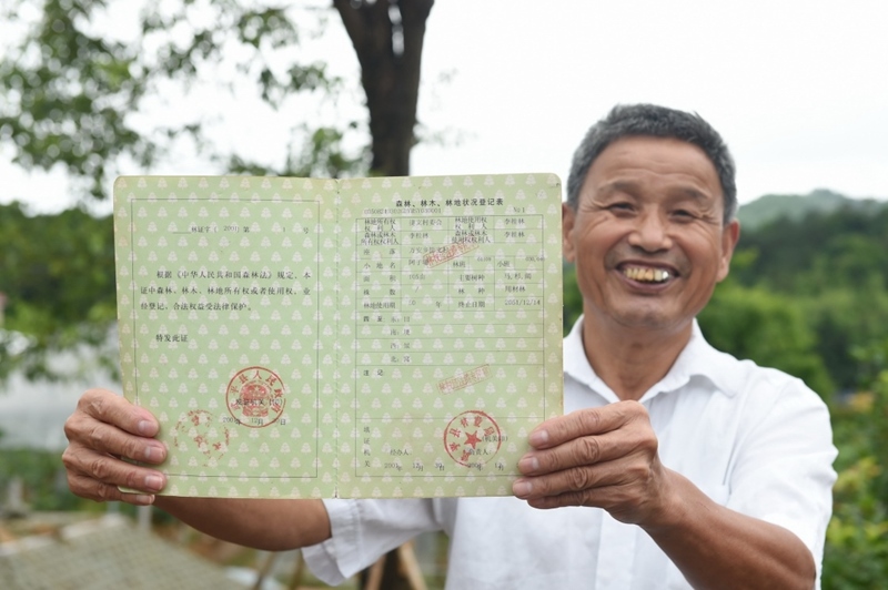 福建武平縣萬安鎮(zhèn)捷文村村民李桂林展示林權(quán)改革后領(lǐng)到的全國第一本新式林權(quán)證。
