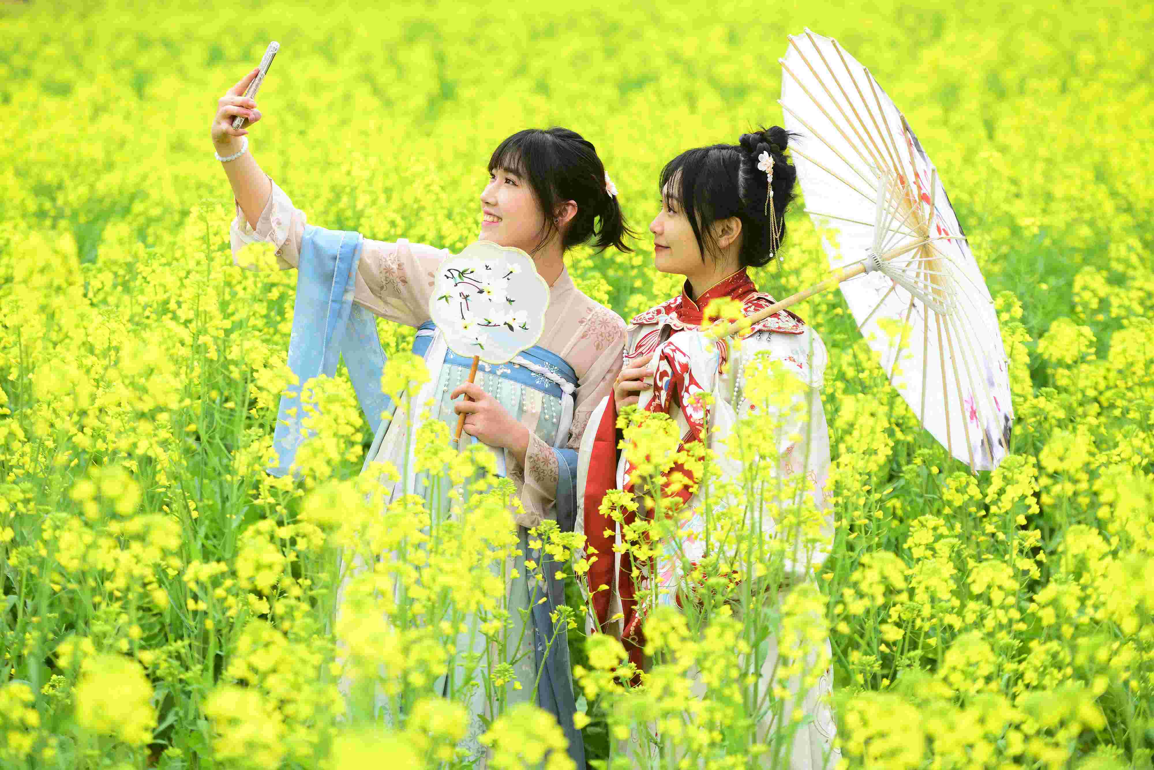 △ 2024年2月16日，廣西賀州，在富川瑤族自治縣麥嶺鎮(zhèn)三民村，游客在油菜花田間賞花拍照。