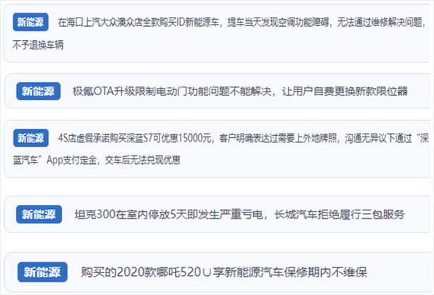 “人民投訴”用戶吐槽新能源汽車功能障礙多發(fā)、升級后配套服務(wù)跟不上、虛假優(yōu)惠、保修期內(nèi)不維保的問題。（“人民投訴”平臺截圖）