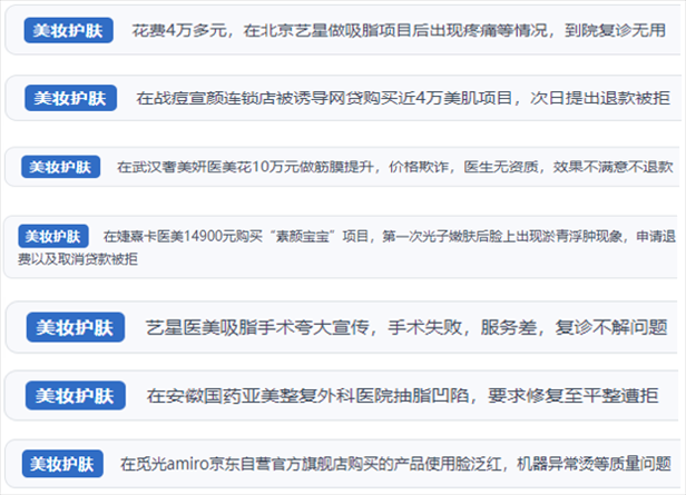 “人民投訴”用戶舉報(bào)醫(yī)美未達(dá)預(yù)期效果或?qū)е律眢w損傷退款遭拒、機(jī)構(gòu)及服務(wù)人員虛假資質(zhì)、被誘導(dǎo)高額醫(yī)美貸、網(wǎng)購美容儀器質(zhì)量不過關(guān)等問題。（“人民投訴”平臺截圖）