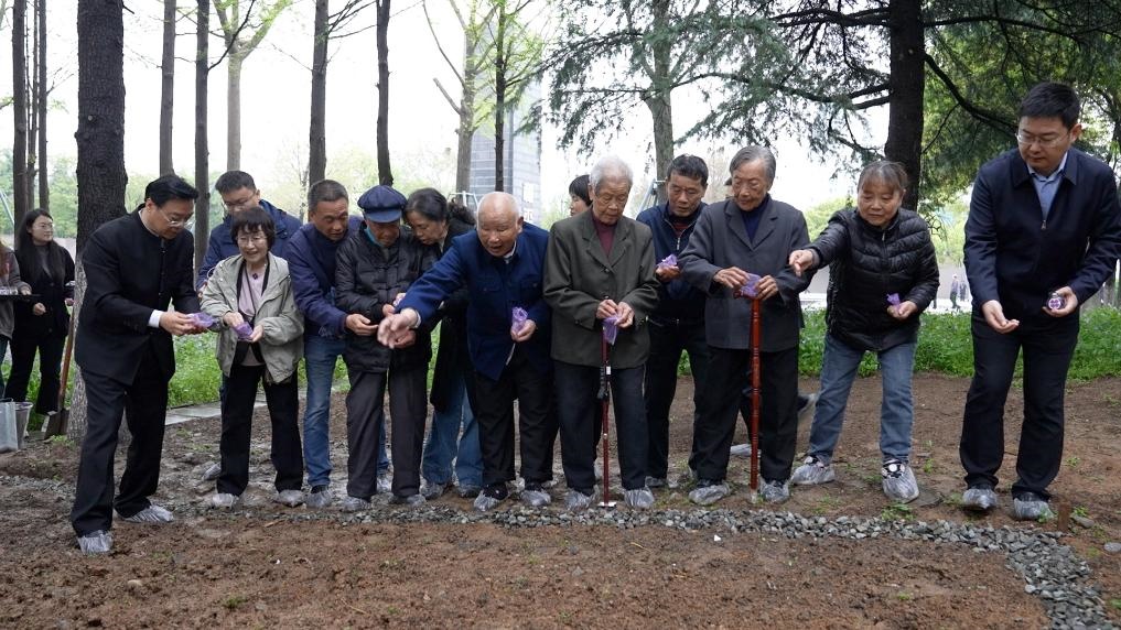 南京大屠殺幸存者代表、死難者遺屬代表等在紀(jì)念館的和平公園里，播撒下紫金草的種子。新華社記者林凱 攝