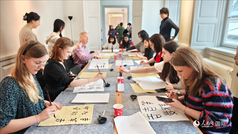瑞典書法愛好者專心學習書法。人民網(wǎng)記者 殷淼攝