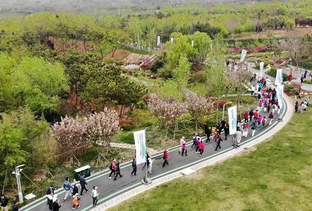 4月27日，登山愛好者在浮山森林公園參加登山健身活動（無人機照片）。新華社記者 李紫恒攝