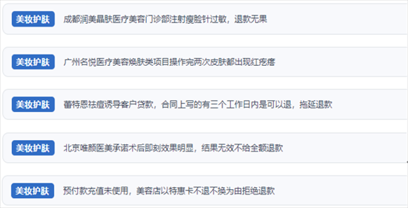 網(wǎng)友涉及醫(yī)美機構虛假宣傳、誘導消費、致傷客戶、違約不退費等消費侵權的相關投訴。（“人民投訴”用戶投訴截圖）