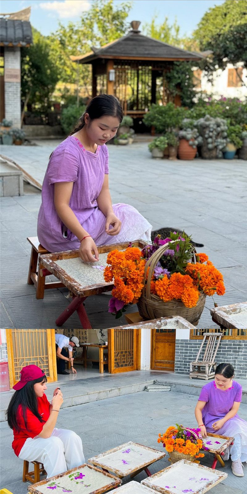 沒(méi)有女生不愛(ài)花。以古法造紙技藝為基礎(chǔ)，再輔以花草枝葉勾勒各式圖案，創(chuàng)作出花茂村獨(dú)具特色的紙漿壓花畫(huà)，少女手中的花是她眼中的風(fēng)景，而她與正在制作的紙漿壓花畫(huà)也是別人眼中的風(fēng)景。（哈薩克斯坦BAQ通訊社高級(jí)記者古爾詹·拉曼庫(kù)洛娃、張亞欣攝）