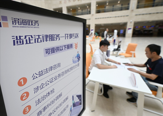 在天津濱海新區(qū)政務(wù)服務(wù)中心，工作人員在“涉企法律服務(wù)一件事”專區(qū)為市民提供服務(wù)（2024年7月31日攝）。新華社記者 趙子碩 攝
