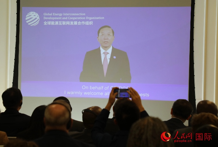 全球能源互聯(lián)網(wǎng)發(fā)展合作組織主席、中國電力企業(yè)聯(lián)合會理事長辛保安通過視頻方式致辭。人民網(wǎng)記者 李志偉攝