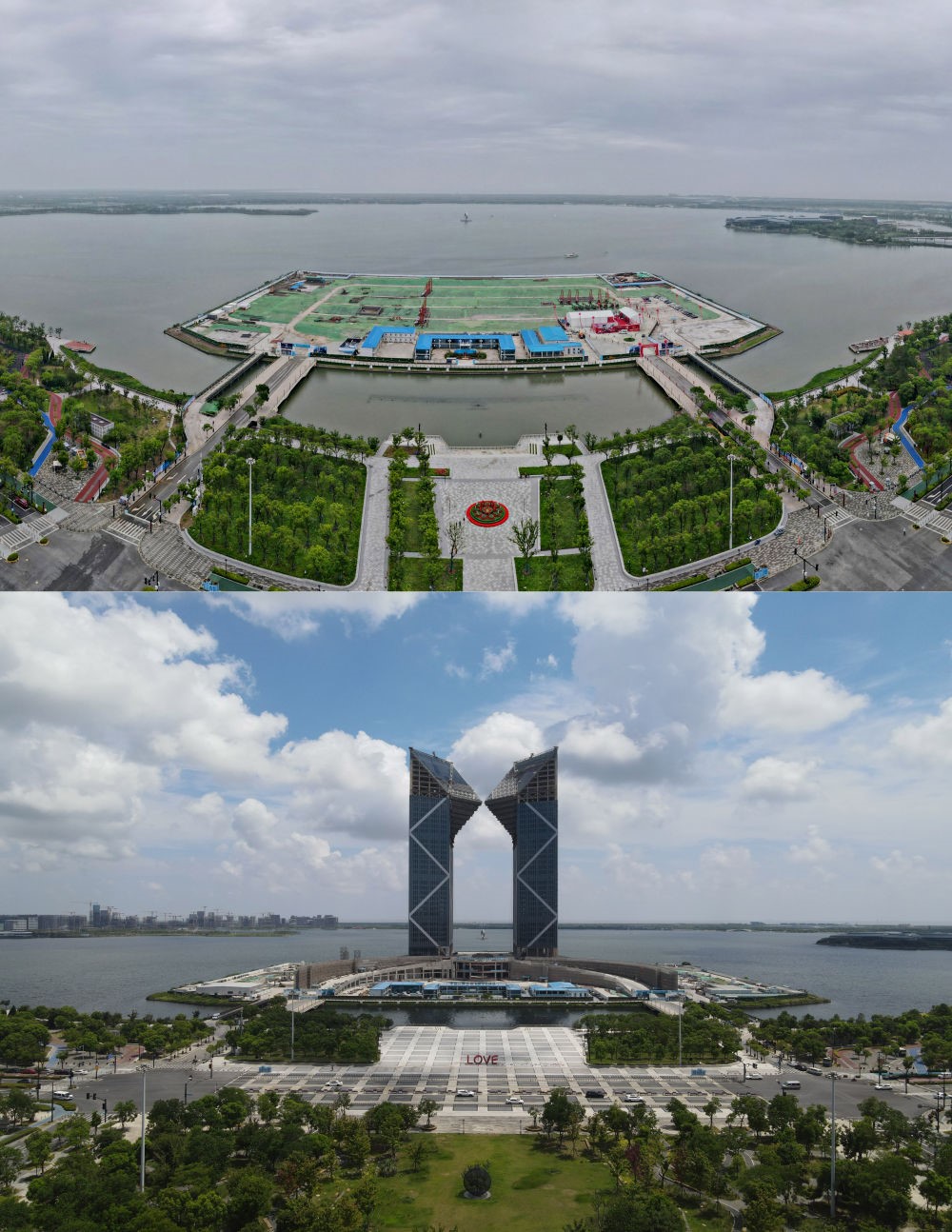 拼版照片：空中俯瞰中國（上海）自由貿(mào)易試驗區(qū)臨港新片區(qū)滴水湖西島中銀金融中心項目現(xiàn)場（上圖為2021年6月20日攝，無人機(jī)照片；下圖為2024年8月14日攝，無人機(jī)照片）。2019年8月20日，臨港新片區(qū)揭牌成立，一個開放新高地在長江與東海交匯處日益崛起。