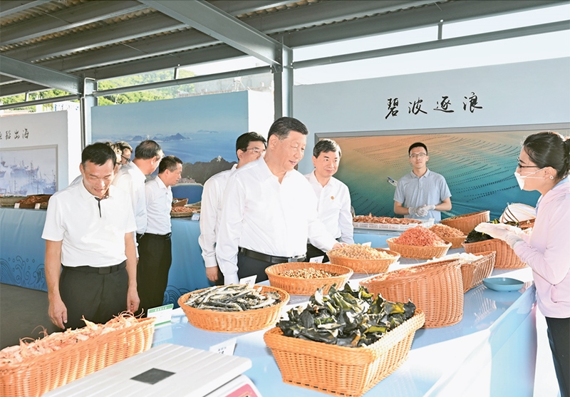2024年10月15日至16日，中共中央總書記、國家主席、中央軍委主席習近平在福建考察。這是15日下午，習近平在漳州市東山縣陳城鎮(zhèn)澳角村考察時，了解海鮮干貨和漁獲產品交易情況。 新華社記者 謝環(huán)馳/攝