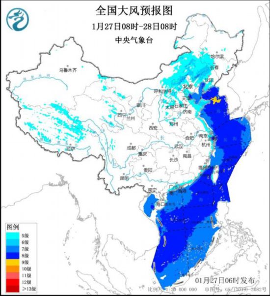 全國(guó)大風(fēng)預(yù)報(bào)圖(1月27日08時(shí)-28日08時(shí)) 圖片來源：中央氣象臺(tái)網(wǎng)站