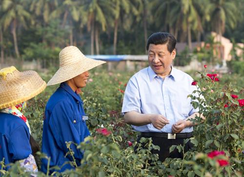 △2013年4月9日，習(xí)近平總書記在海南亞龍灣蘭德玫瑰風(fēng)情產(chǎn)業(yè)園向花農(nóng)了解玫瑰種植管理技術(shù)。