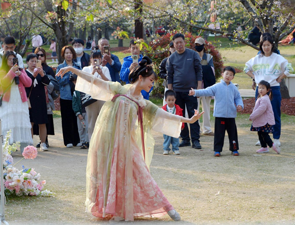 清明假期期間，上海顧村公園櫻花島上，游客在觀賞國(guó)風(fēng)漢服快閃表演。（圖片來(lái)源：視覺(jué)中國(guó)）